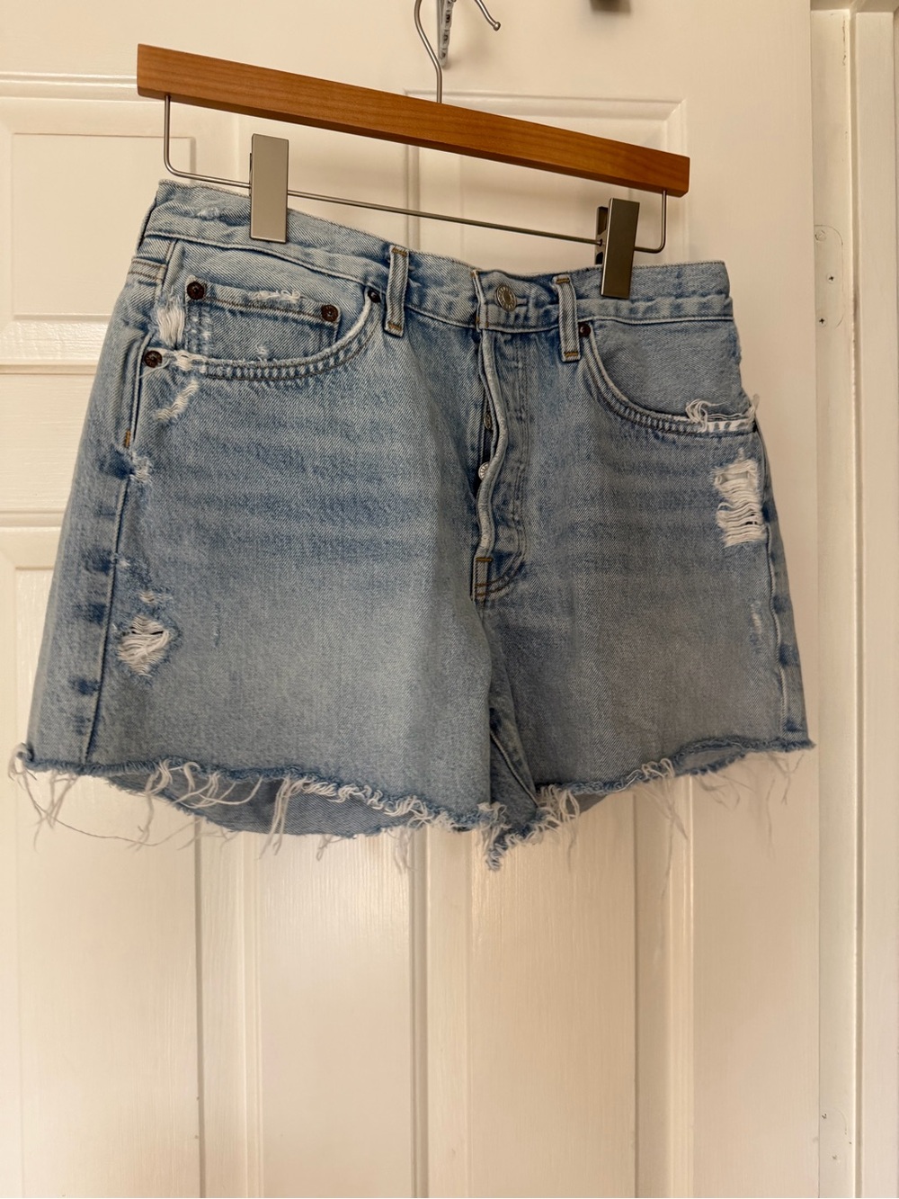 Agolde Light Blue Distressed Denim Cutoff Shorts